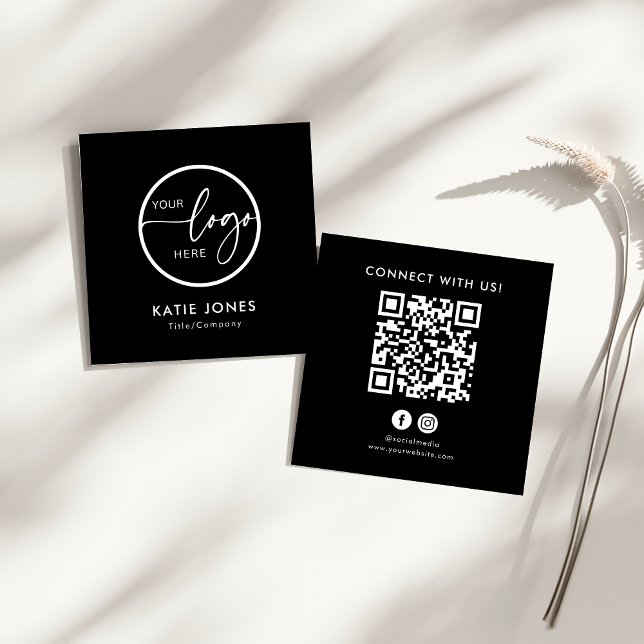 QR Code Black Custom Logo Connect with Us Square Business Card (Creator Uploaded)