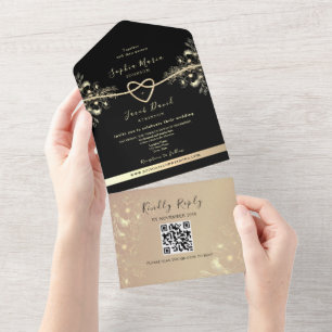 QR Code Black Gold Floral Wedding All In One Invitation