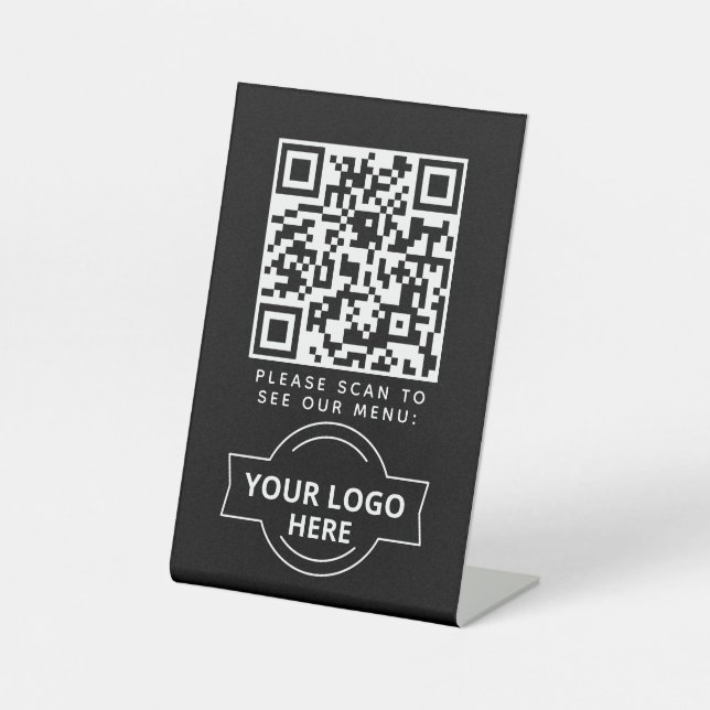 QR Code Black Menu Logo Contactless Modern Cafe Pedestal Sign (Front)