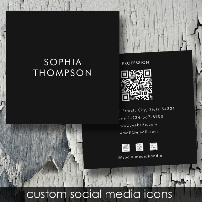 QR Code Black Minimalist Social Media Icons Square Business Card (QR Code Black Minimalist Social Media Icons Square Business Card)