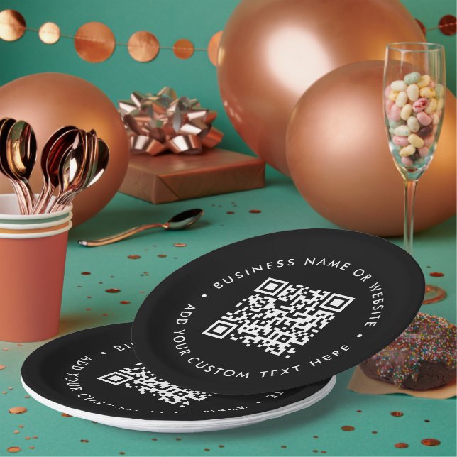 QR Code | Black Modern Business Corporate Event Paper Plate (Multi)