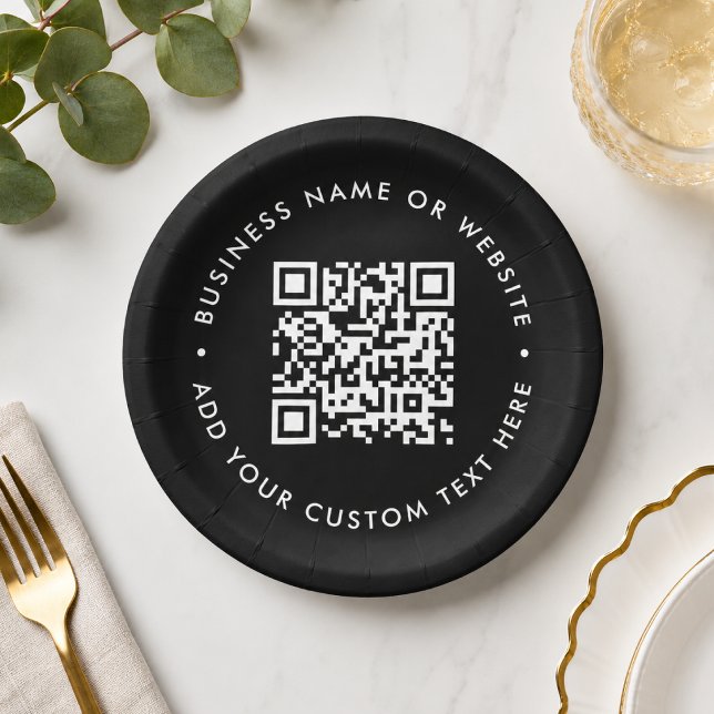 QR Code | Black Modern Business Corporate Event Paper Plate (Custom QR code paper plates for business events, menus, bookings, and promo tableware.)