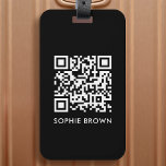 QR Code Black Modern Stylish Virtual Contact Lost Luggage Tag<br><div class="desc">A simple stylish custom QR code luggage tag design in a modern minimalist typography on a simple black background. The QR code and name can easily be personalised to make a design as unique as you are! The perfect bespoke gift or accessory to ensure that your luggage is safely returned...</div>