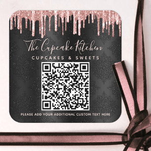 QR Code Black Rose Gold Glitter Drip Business Name Square Sticker