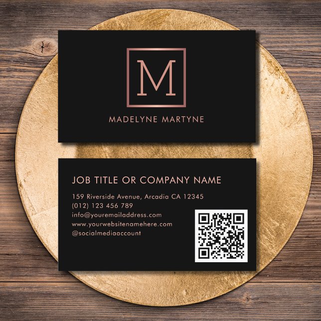 QR Code Black Rose Gold Monogram Elegant Business Card (Creator Uploaded)