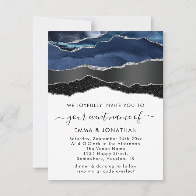 QR Code Black Silver Blu Navy Border Wedding (Front)