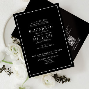 QR Code Black & White Classic Script Wedding Invit Invitation