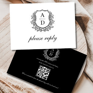 QR Code Black White Crest Monogram Wedding RSVP Card