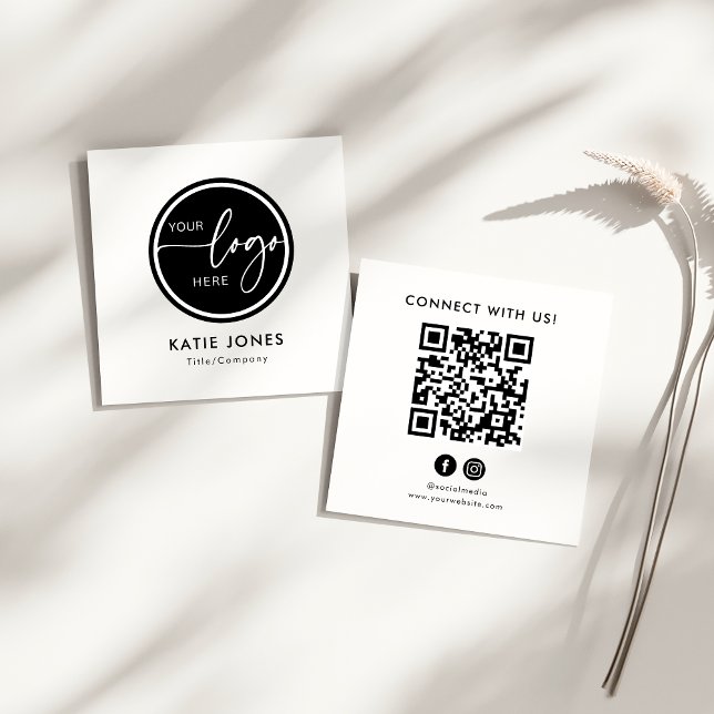 QR Code Black White Custom Logo Connect with Us Square Business Card (Creator Uploaded)