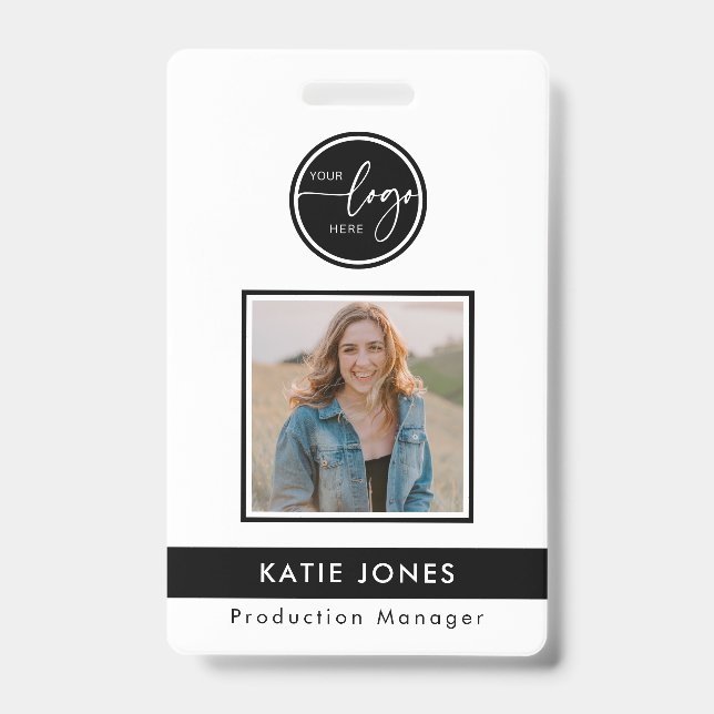 QR Code Black White Custom Logo Employee Photo ID Badge (Front)