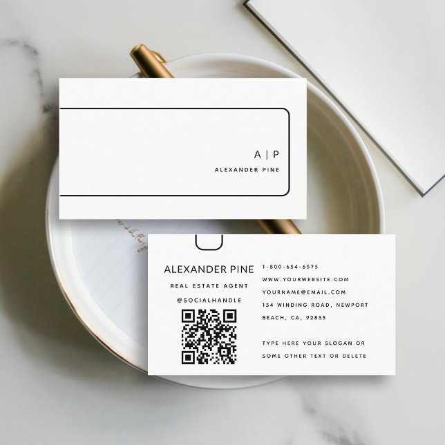 QR Code Black White Monogram Elegant Professional Business Card (simple elegant professional corporate generic business card black white qr code website geometric)