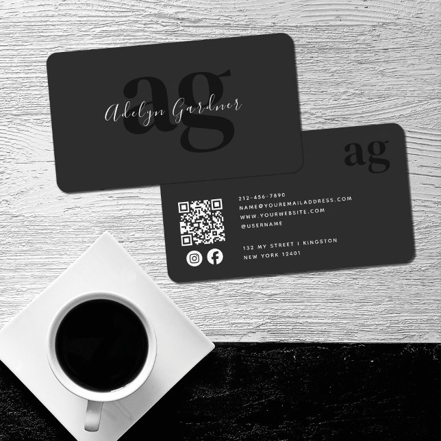 QR Code Black White Monogram Script Social Media Business Card (Creator Uploaded)