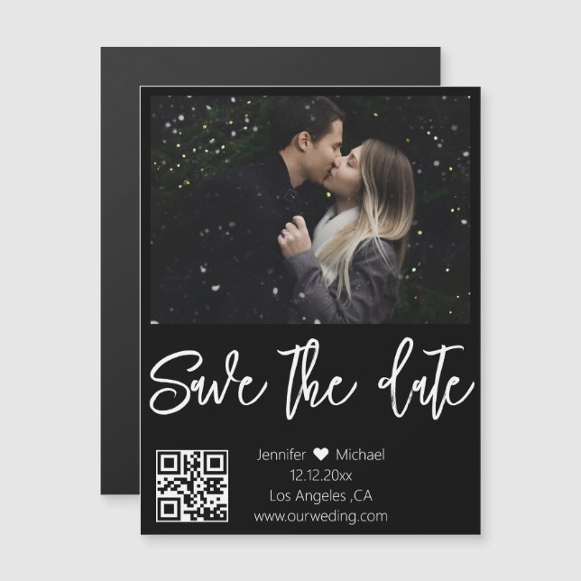 qr code black white  photo save the date magnet (Front/Back)