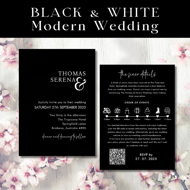 QR Code Black & White Wedding Itinerary Timeline Invitation (Creator Uploaded)