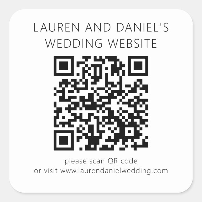 QR Code Black White Wedding Website Square Sticker (Front)