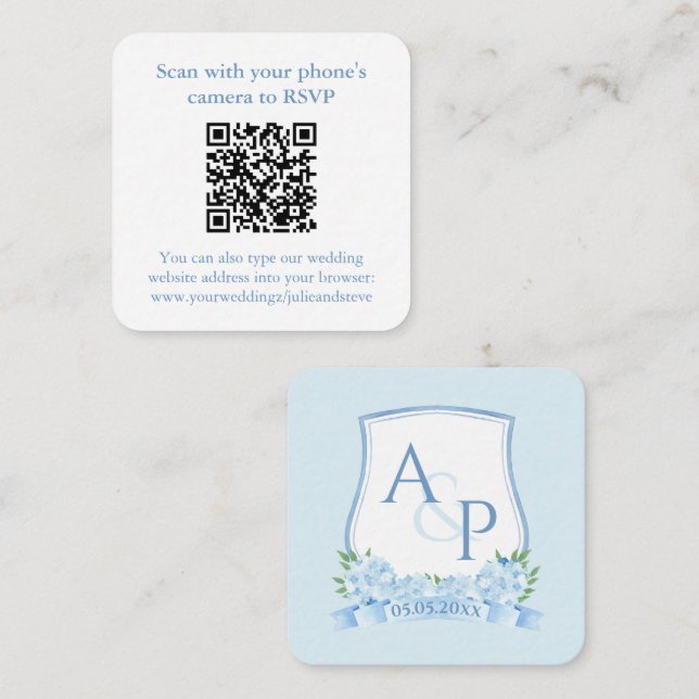 QR Code Blue And White Monogram Crest Wedding RSVP Enclosure Card (Front/Back)