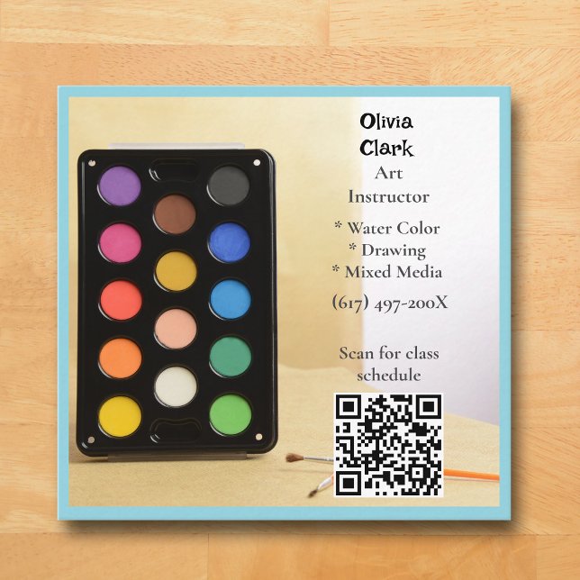 QR Code Blue Artist Tutor Educator Art teacher  Square Business Card (Blue Art Business Card )