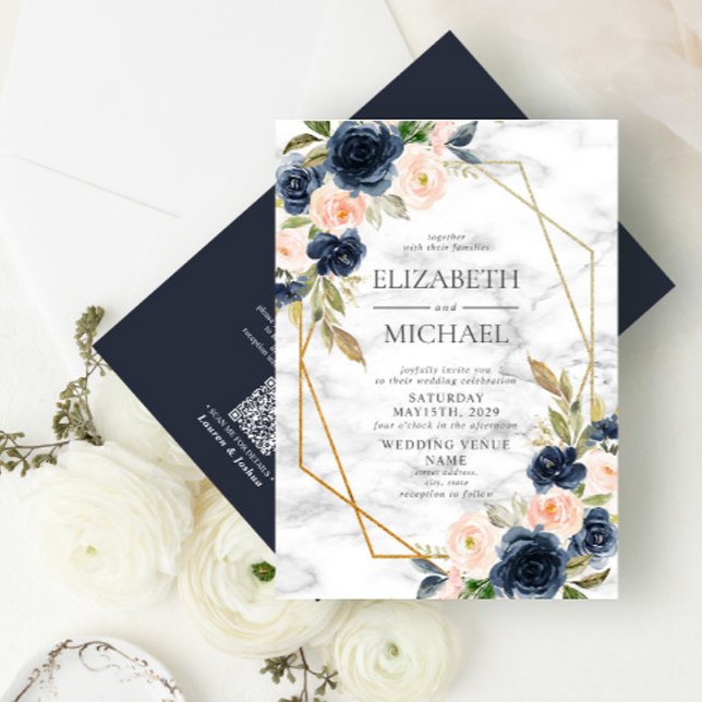 QR Code Blue Blush Marble Geometric Floral Wedding Invitation (Creator Uploaded)