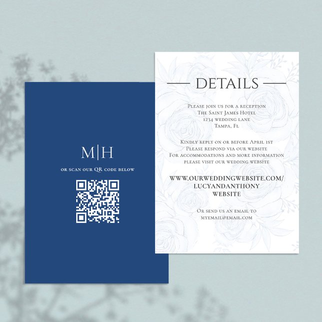 QR Code Blue Floral RSVP Online Wedding Details Enclosure Card (Details wedding enclosure card with QR code for Online RSVP. )