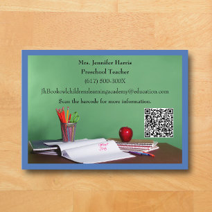 QR Code Blue Grade School Preschool Teacher Business Card