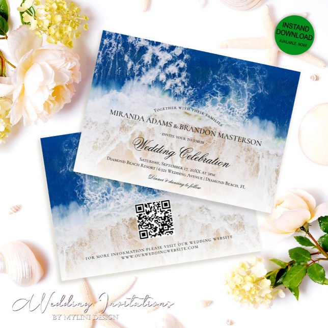 QR Code - Blue Ocean Waves Tropical Beach Wedding Invitation (Creator Uploaded)