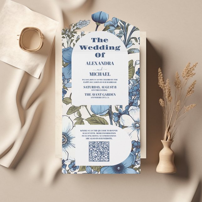 QR Code Blue Periwinkle Wildflowers Wedding All In One Invitation (Creator Uploaded)