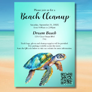 QR Code Blue Sea Turtle Beach Cleanup Event Invitation