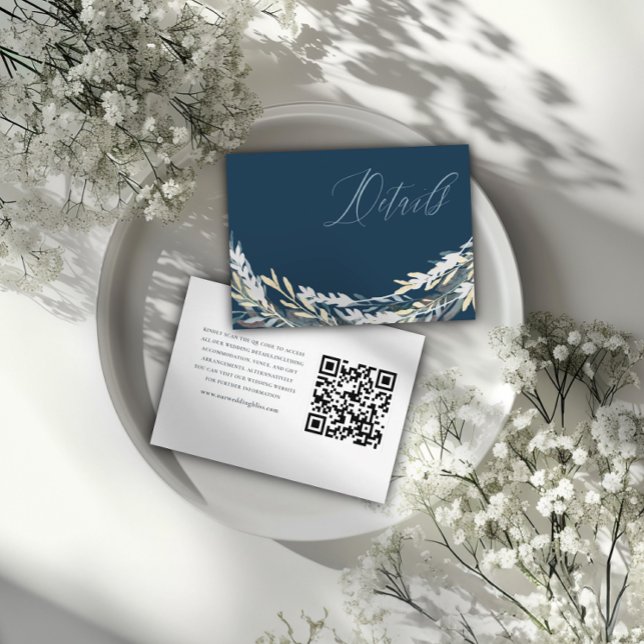 QR Code Blue & Silver Botanical Wedding Details Enclosure Card (Creator Uploaded)