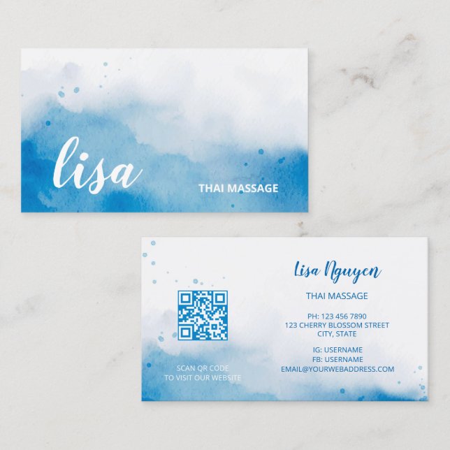 QR Code Blue  Watercolor Background Business Card (Front/Back)
