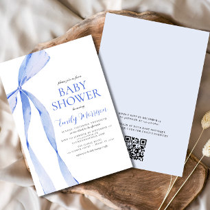 QR Code Blue Watercolor Bow Boy Baby Shower Invitation