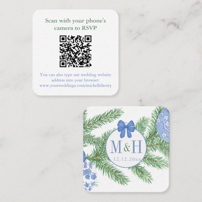 QR Code Blue White Christmas Wedding RSVP Enclosure Card (Front/Back)