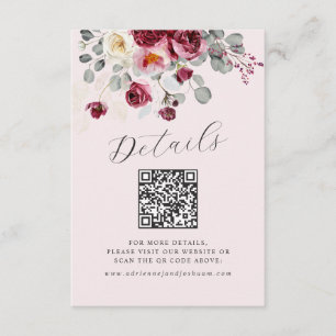 QR Code Blush & Burgundy Floral Pink Wedding Enclosure Card