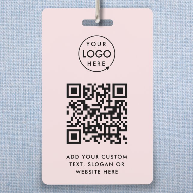 QR Code | Blush Pink Business Logo Professional ID Badge (Professional ID badge template with interactive QR code for events & small business promotion.)