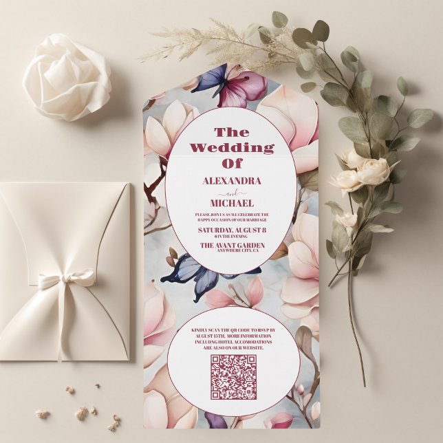 QR Code Blush Pink Magnolia Floral Wedding All In One Invitation (Creator Uploaded)