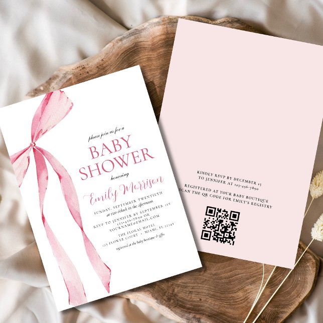 QR Code Blush Pink Watercolor Bow Baby Shower Invitation (Creator Uploaded)