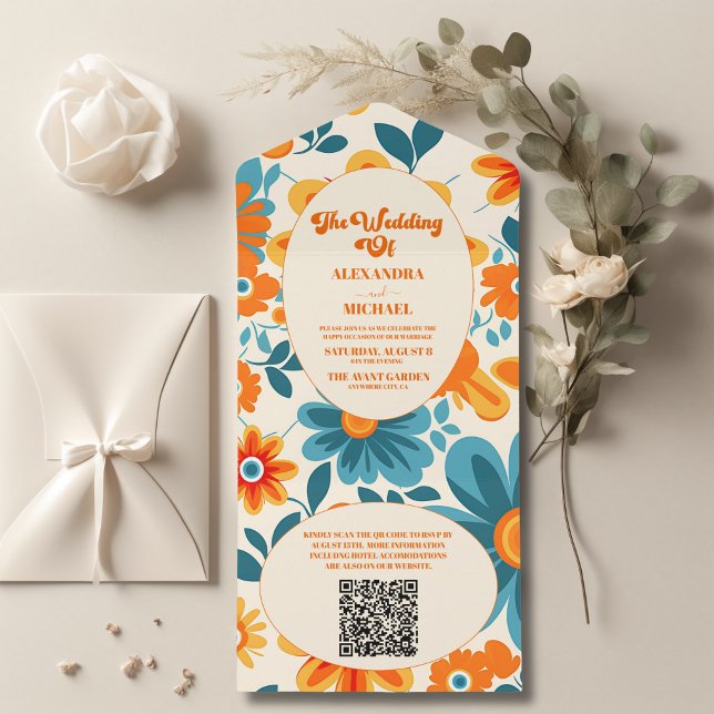 QR Code Bohemian Retro  Casual Wedding  All In One Invitation (Creator Uploaded)