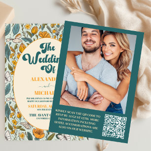 QR Code Boho Chic Retro Colourful Floral Wedding Invitation