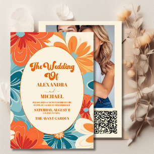 QR Code Boho Chic Retro Colourful Floral Wedding Invitation