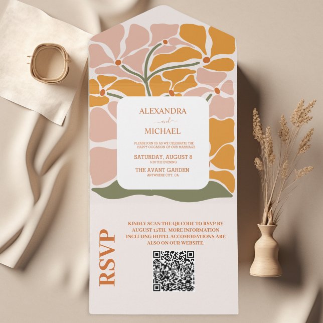 QR Code Boho Chic Retro Floral Wedding All In One Invitation (Creator Uploaded)