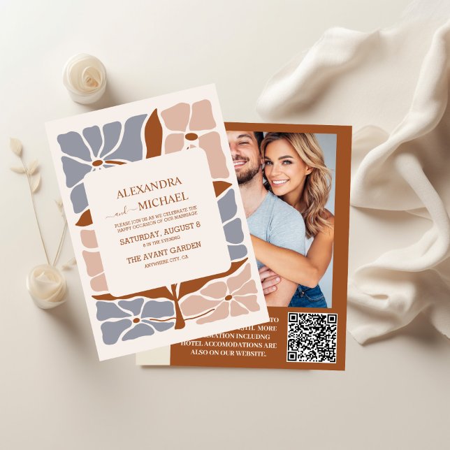 QR Code Boho Chic Retro Floral Wedding Invitation (Creator Uploaded)