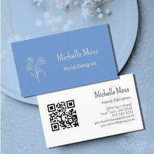 QR code Boho Daisy Blue Floral Designer Business Card