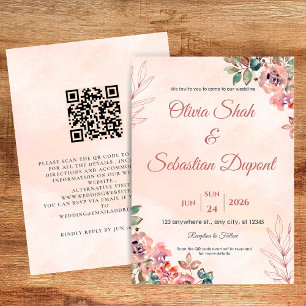 QR Code Boho Floral Wedding Invitation