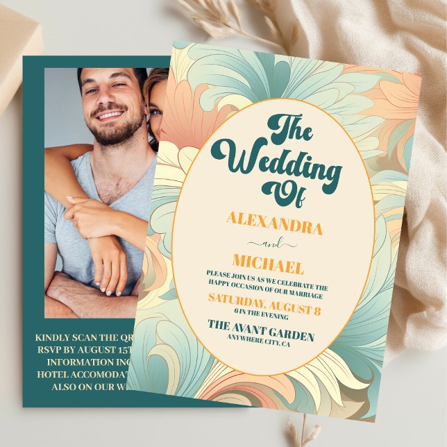 QR Code Boho Retro Colourful Floral Wedding  Invitation (Creator Uploaded)