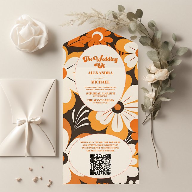 QR Code Boho Retro  Floral Wedding All In One Invitation (Creator Uploaded)