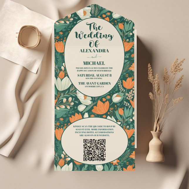 QR Code Boho Retro Floral Wedding  All In One Invitation (Creator Uploaded)