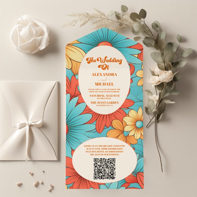 QR Code Boho Retro  Floral Wedding All In One Invitation (Creator Uploaded)