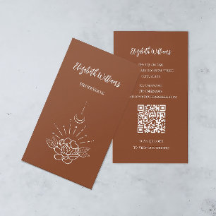 QR Code Boho Rose Floral Moon Terracotta Business Card