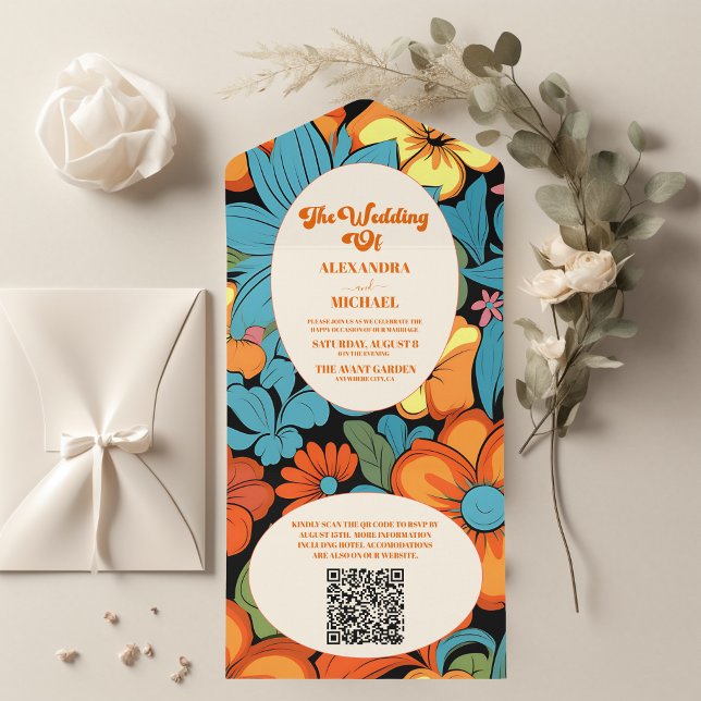 QR Code Boho Seventies Retro Floral Wedding All In One Invitation (Creator Uploaded)