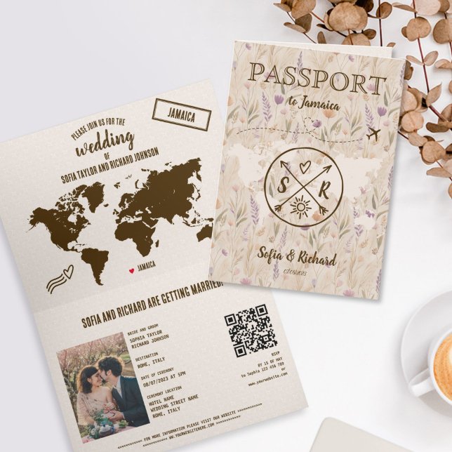 QR Code Boho Wedding Destination Passport Map  Invitation (beige floral boho wedding passport invitation)