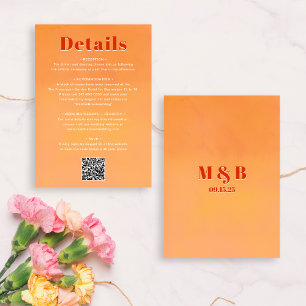 QR Code Bold Modern Orange Sunset Wedding Details Enclosure Card